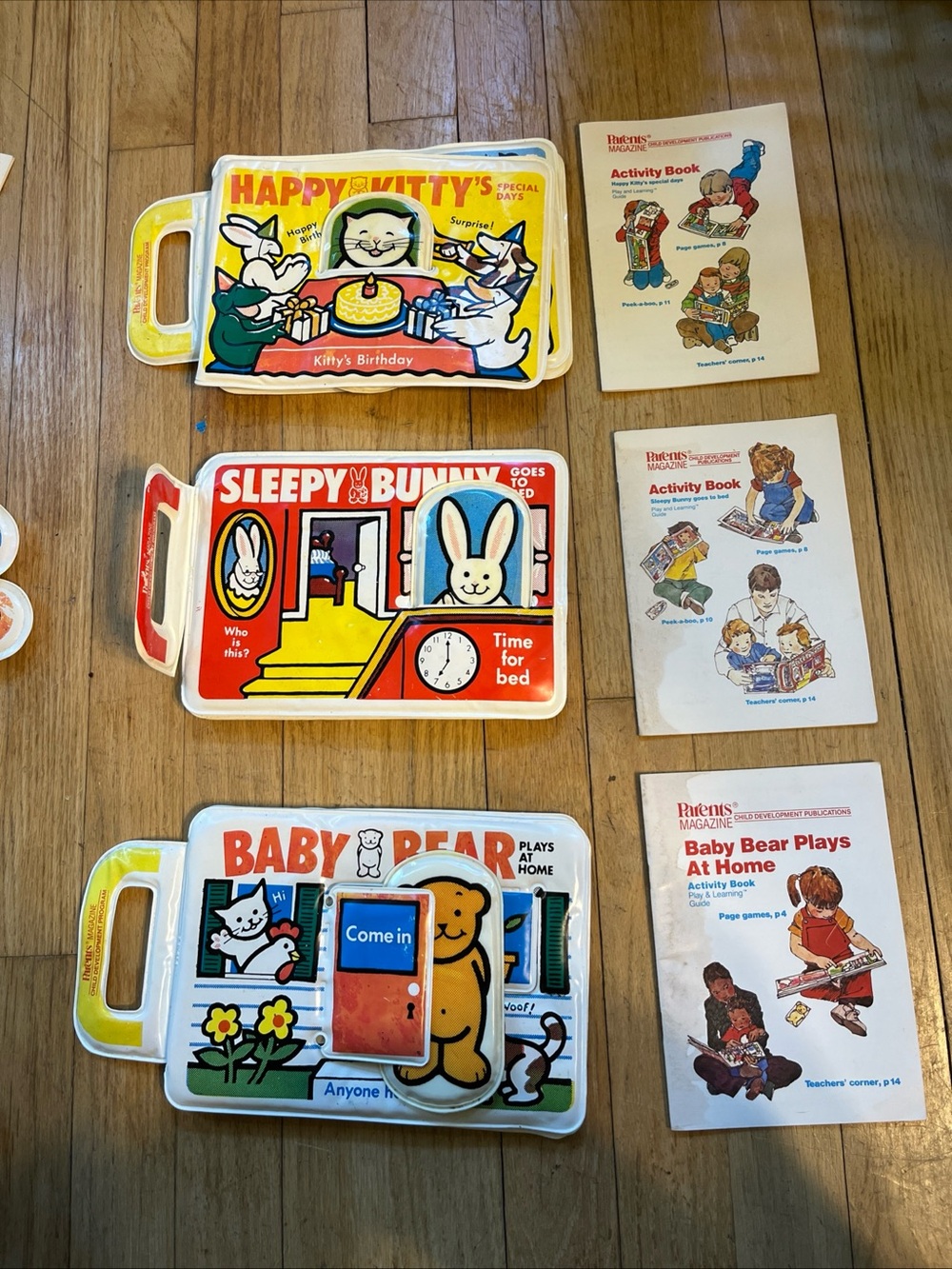 vintage parents magazine (3)soft vinyl books-happy kitty,sleepy bunny &baby bear